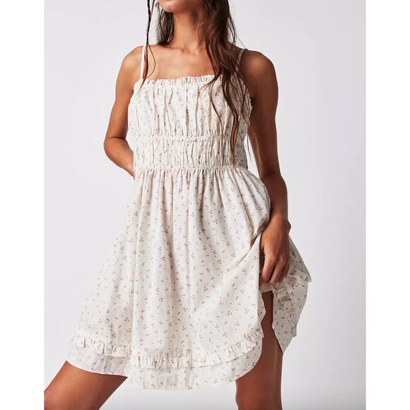Free People Dresses & Skirts - Free People Cream Mini Dress with Pink Floral Print